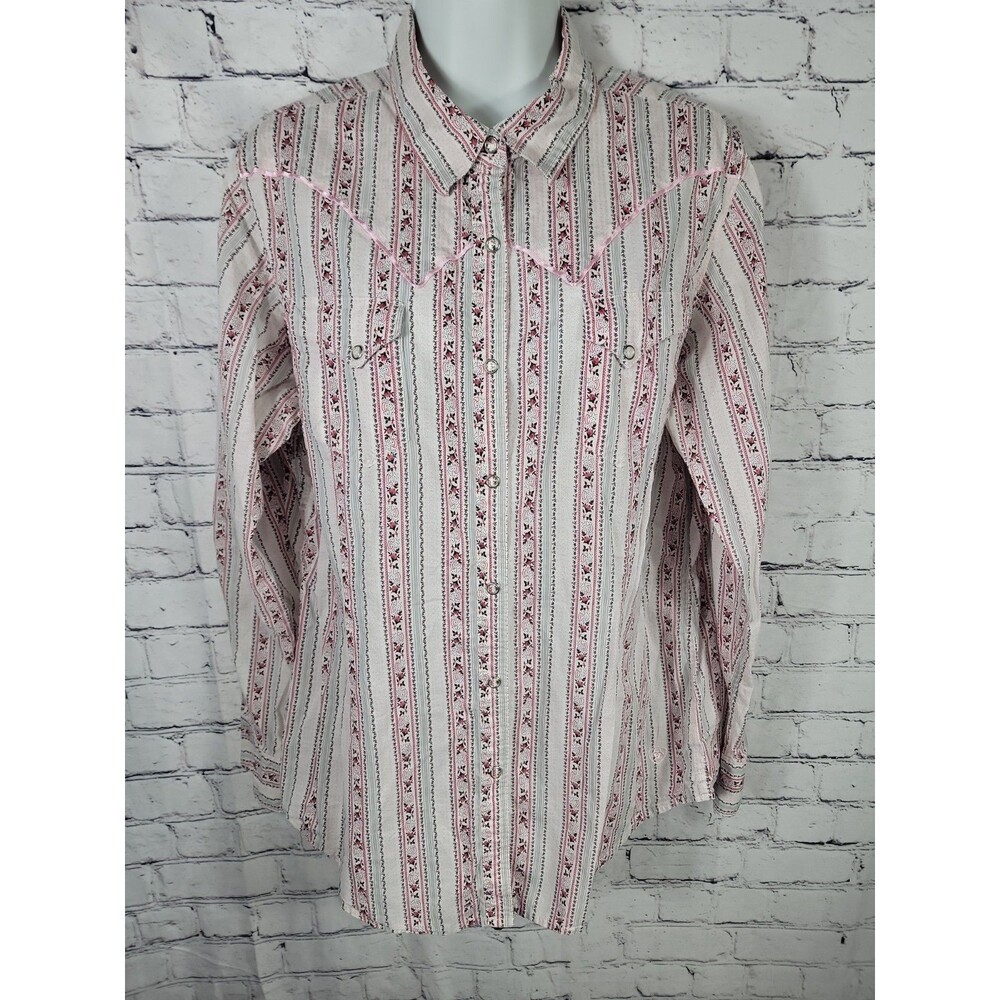 Womens Ariat Western Button Up Top Striped Pink Rose Pattern Size XL